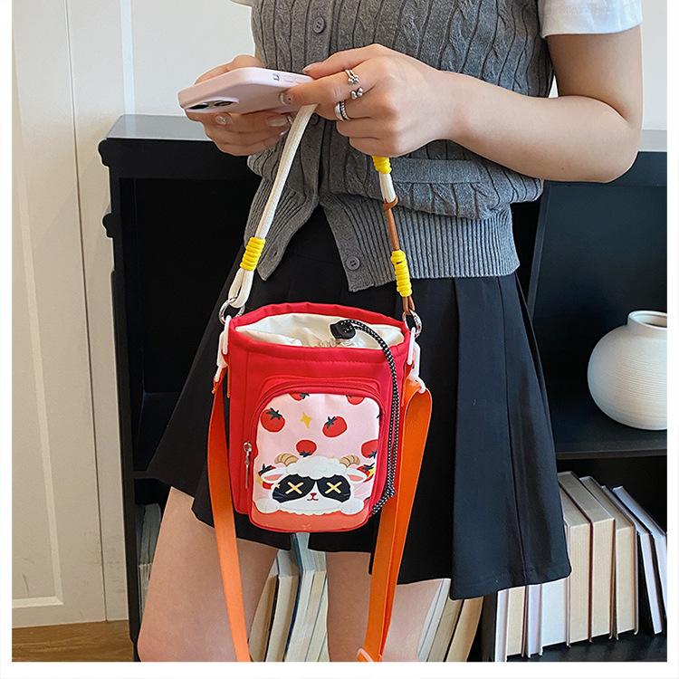 Cute Cartoon Print Water Bottle Bag Women's Commuter Satchel Soft Polyester Material Zipper Closure Vertical Shape Storage Bag