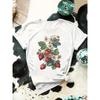 European Size Women's Vintage Strawberry and Floral Pattern T-Shirt- Casual Round Neck Short Sleeve Top, Spring Summer Bohemian Fashion Style