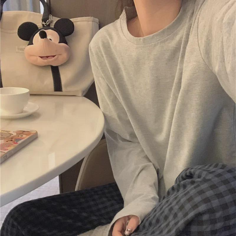 Korean Style Women's Imitation Cotton Pajama Set: Solid Color Long Sleeve Top & Plaid Trousers for Spring and Autumn
