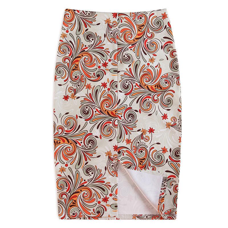 Summer Print Elegant Pencil Skirt Women  High Waist Knee Length Skirt Female