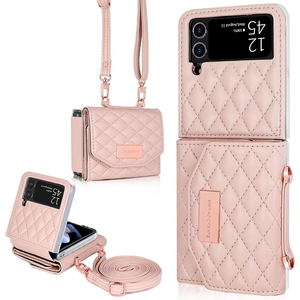 Lanyard Cards Solt Leather Wallet Case for Samsung Galaxy Z Flip 6 5 4 3 5G Flip6 Flip5 Strap Diamond Triple Fold Purse Cover