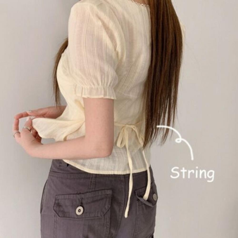 The Pink Chami Square Neck Lace Strap Short Sleeve Blouse