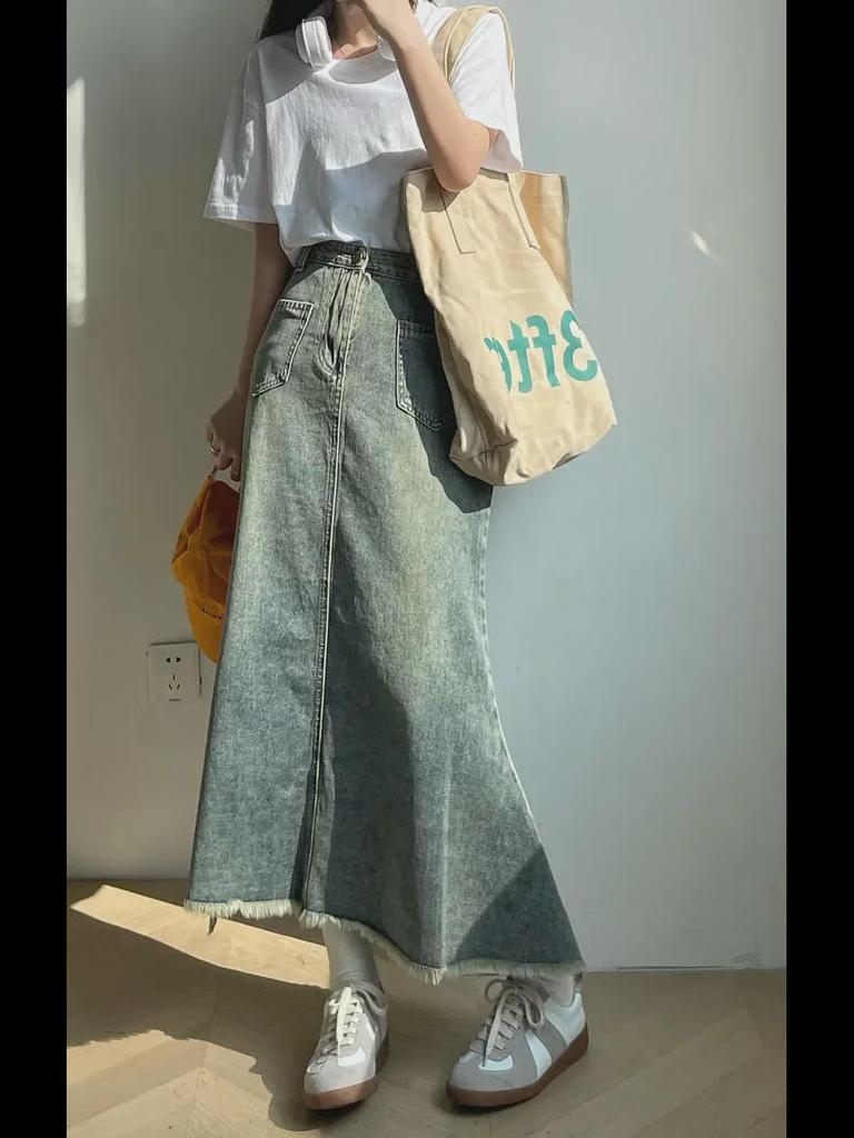 Halblanger Retro-Jeansrock in A-Linie mit Fischschwanz und Raw-Edge-Design für Damen