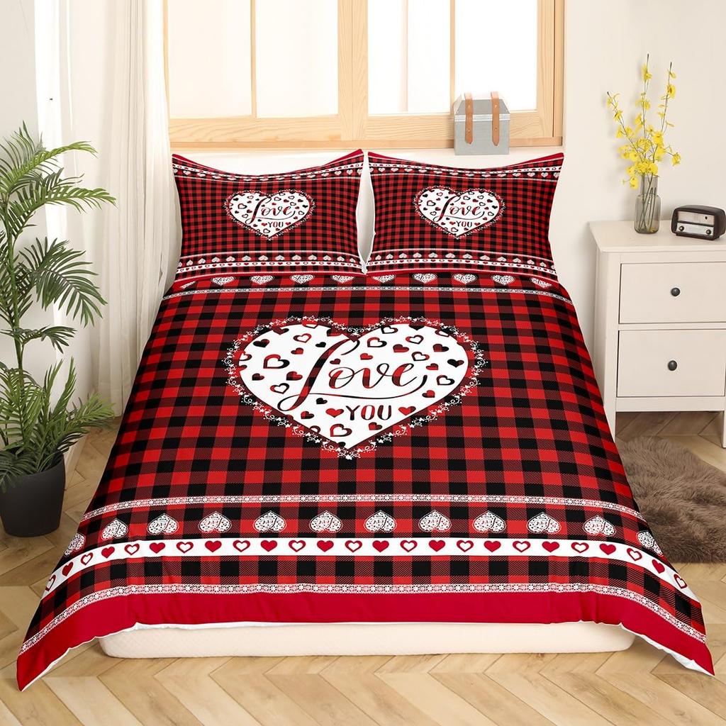 Red Hearts Soft Duvet Cover Set Quen Sized Dimensions, Red plus White Love Beding Set,Romantic Valentine Warm Comforter Cover Set,Couple Hearts Love