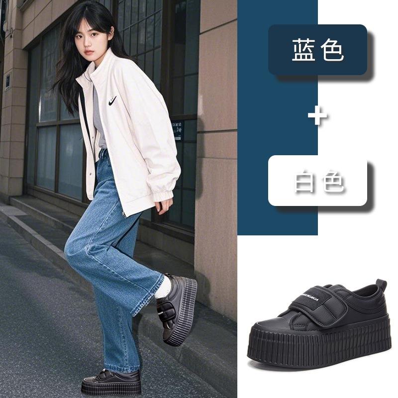 Leather Little White Shoes Women's Spring New Velcro Bread Shoes Women's Casual Muffin Shoes Thick-soled Heightening Women's Shoes