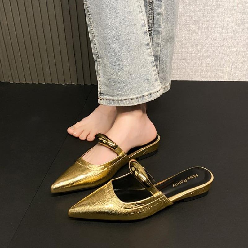 Fashion 2025 New Style Women's Summer Cover Slippers Fashion Metal Decoration Thick Heel Slide Shoes Comfort Style Footwear