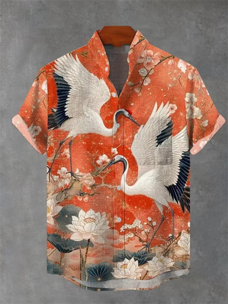 Hawaii shirt linen new men's 3D printed short sleeved street casual multi-functional high-end summer casual plus size shirt