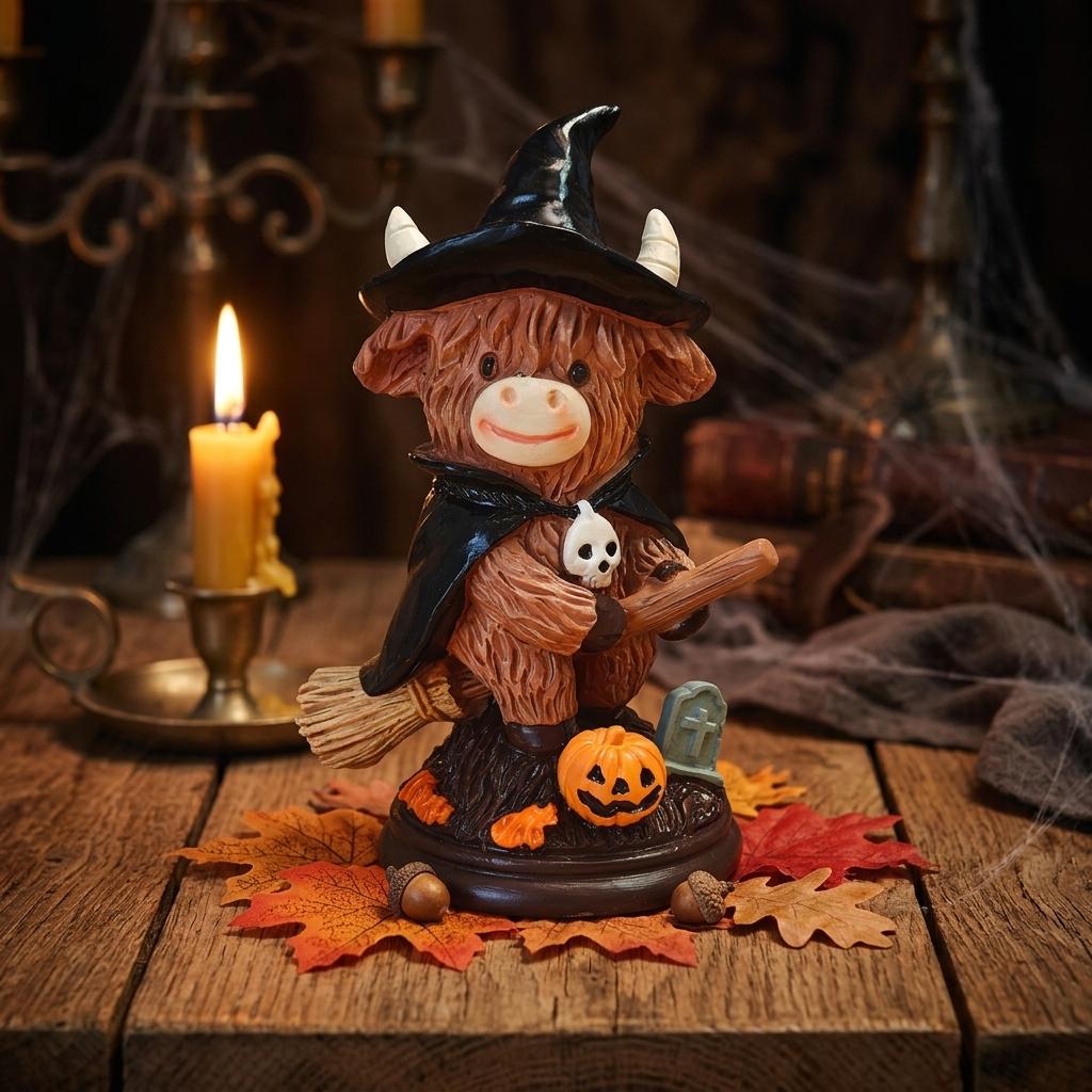 Halloween Resin Witch Broom Decoration with Pumpkin Theme for Party and Home Display
