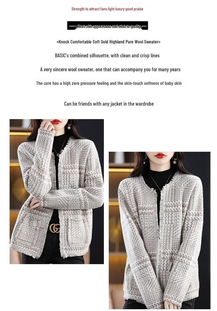 Women's French Chic Wool Houndstooth Cardigan - Autumn/Winter Thick Knit Tassel Coat