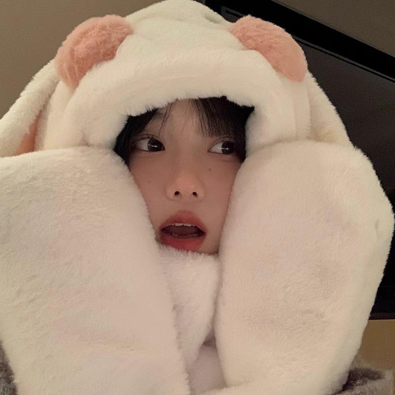 Women's Winter Rabbit Plush Hat, Scarf & Gloves Set - Cute, Thick, and Windproof.