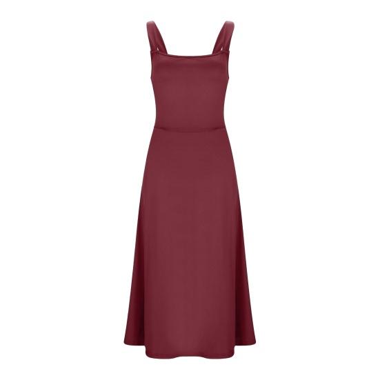 Summer Midi Dress Square Neck Sleeveless A-line Flowy Hem Backless Pure Color High Waist OL Commuting