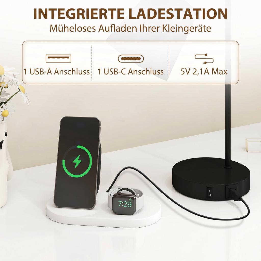 Table Lamp Set, 2 Pieces, Modern Lamps with USB-A and USB-C Port for Bedroom, Living Room & Office, Black
