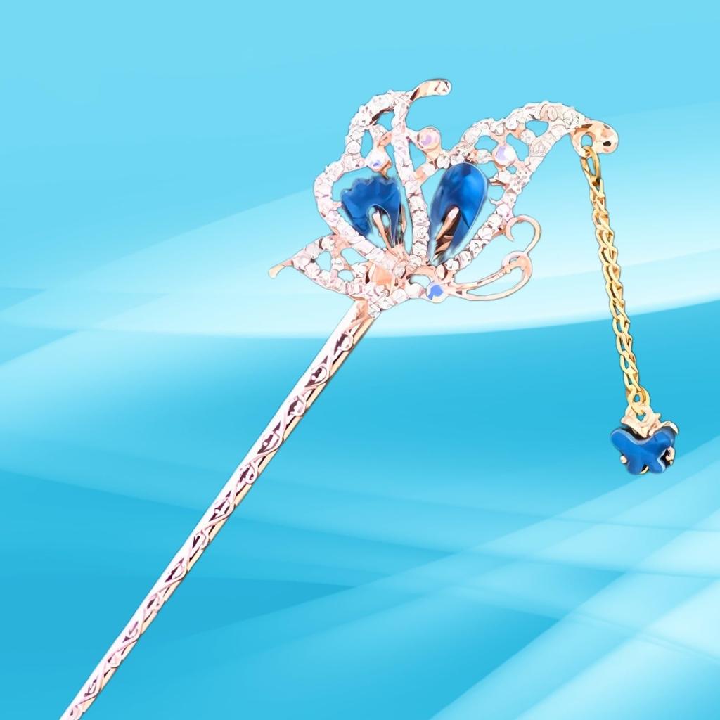Miaomyoa Single Hair Ornament for Kimono and Traditional Japanese Antique Exotic Flower Pink Gold Hairpin, Clothing, Metal, Motif, Butterfly, (Blue)