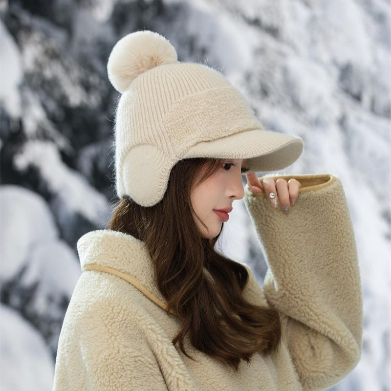 Saco de Orelha Tricotado em Lã, Chapéu Quente com Aba de Pato, Boné de Beisebol Feminino Plush Forrado à Prova de Vento para Outono e Inverno
