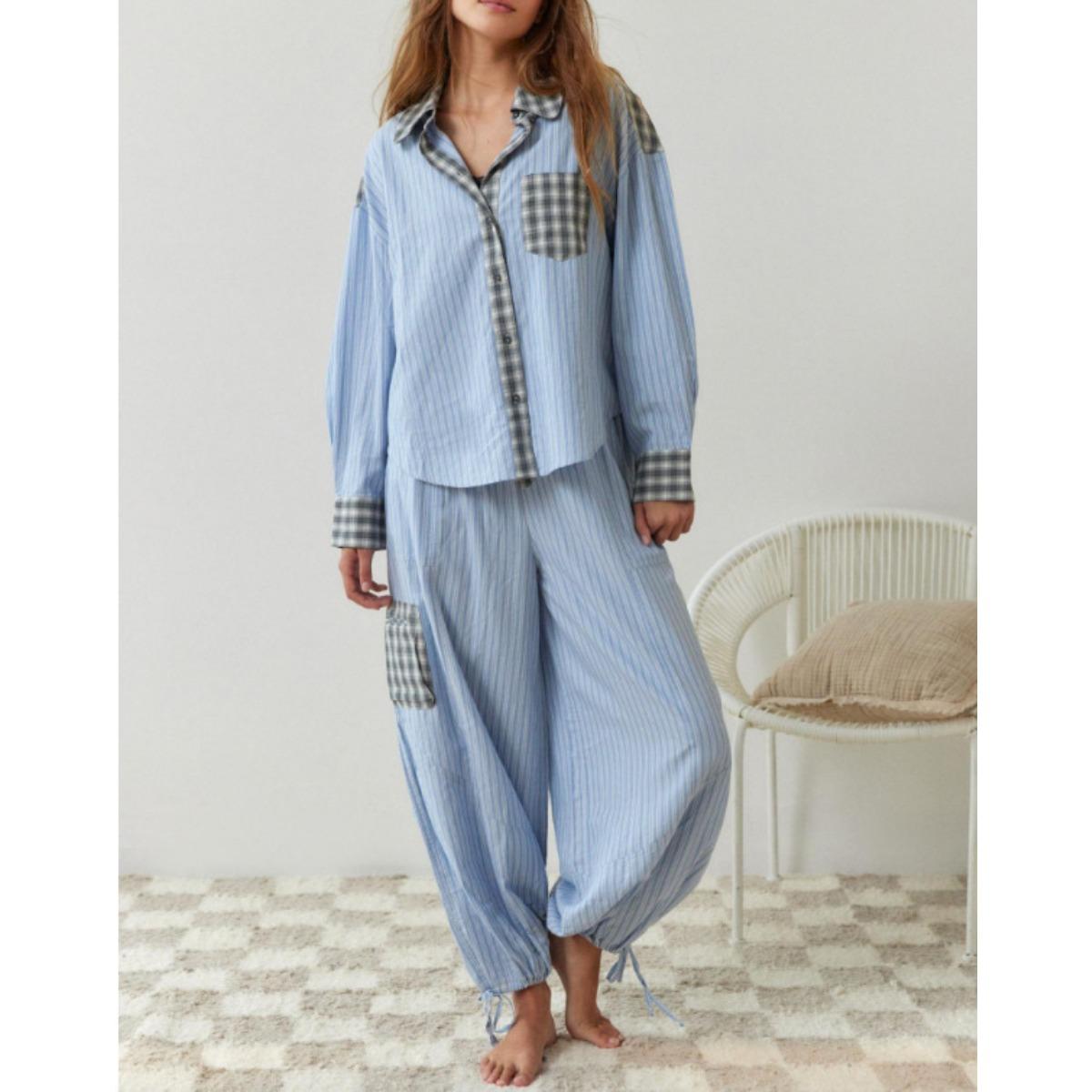 

Новое поступление Осень Женский Клетчатый Лонгслив и Брюки Комплект для Отдыха Пижама Двухпредметный Повседневный Одежда для Сна Домашняя Одежда S небесно-голубой