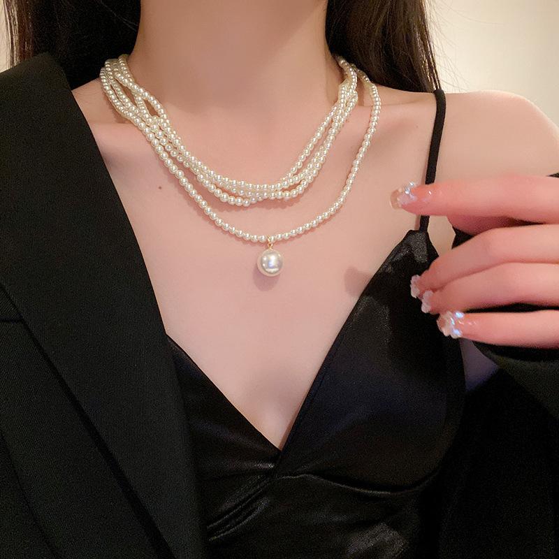 French Long Stacked Colored Pearl Necklace, Simple Temperament Collarbone Chain, Retro Necklace for Women