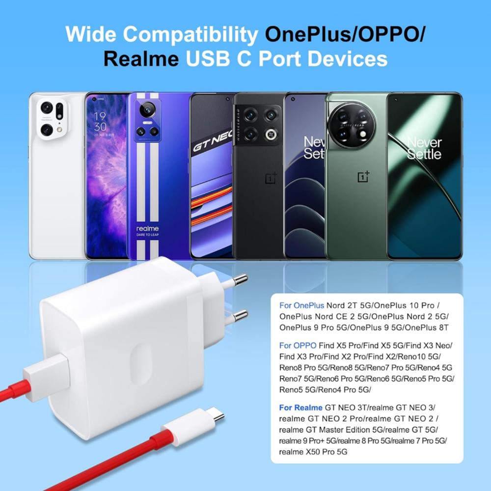 80W EU Superschnelles USB-Ladegerät für OnePlus 9 10 11 12 13 Nord CE 2 3 Lite N300 OPPO Realme 12 GT NEO 2 3 Typ C Warp Charge Kabel