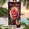 Roses Elegance Theme Quick Dry Beach Towel Custom Name Text Print Large Sand Resistant Towel Beach Vacation