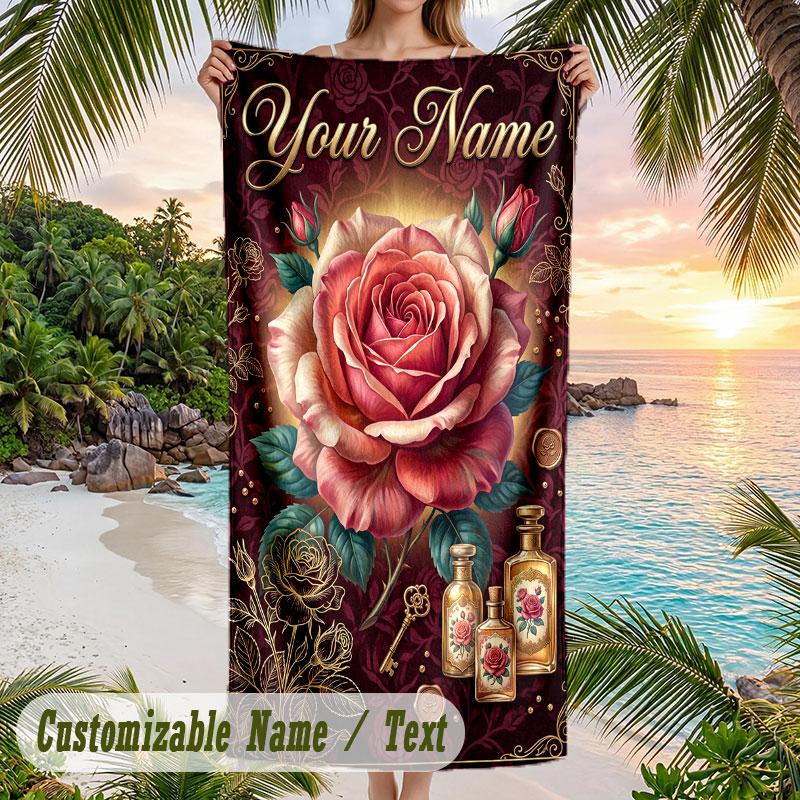 Roses Elegance Theme Quick Dry Beach Towel Custom Name Text Print Large Sand Resistant Towel Beach Vacation