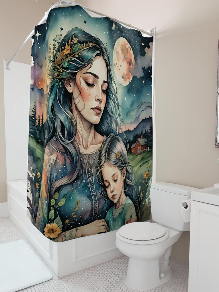 Enchanted Mother And Daughter Moonlit Shower Curtain - Waterproof, Mildew-Resistant, Machine Washable Magical Bathroom Decor