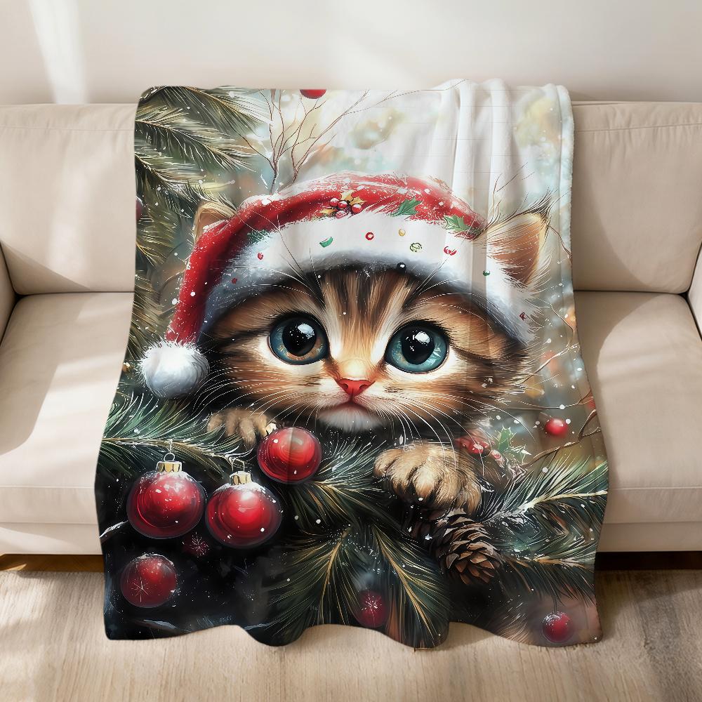 Cute fashion winter Christmas cat art Flannel soft warm plush blanket sofa living room pet hogar bedroom gift home Car portable
