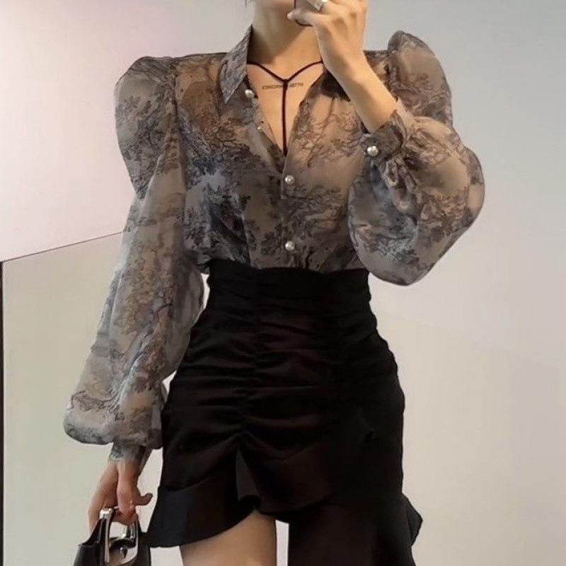 Women’s Retro Floral Puff Sleeve Polo Blouse