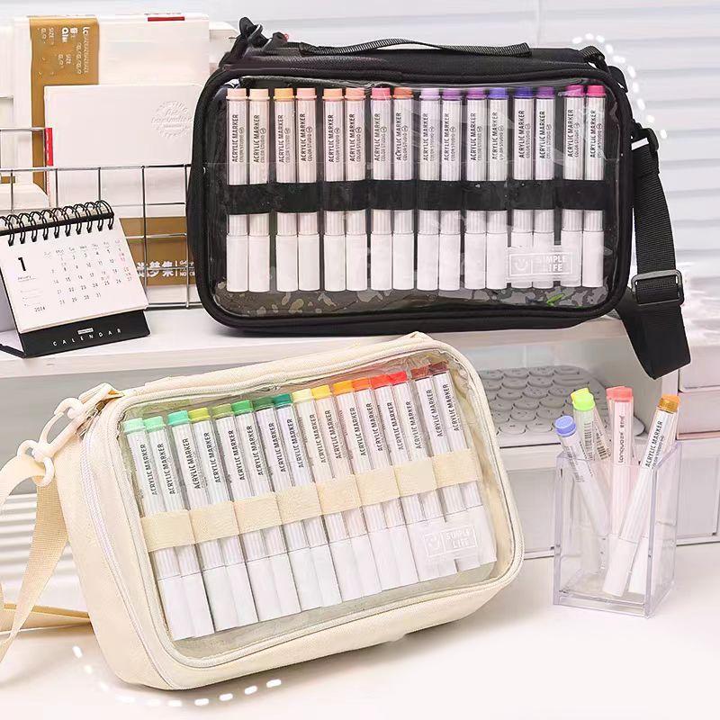 Large-Capacity Marker Storage Bag 64 Pieces Layered Handheld Diagonal Shoulder Transparent Bag Watercolor Pen Finishing Box