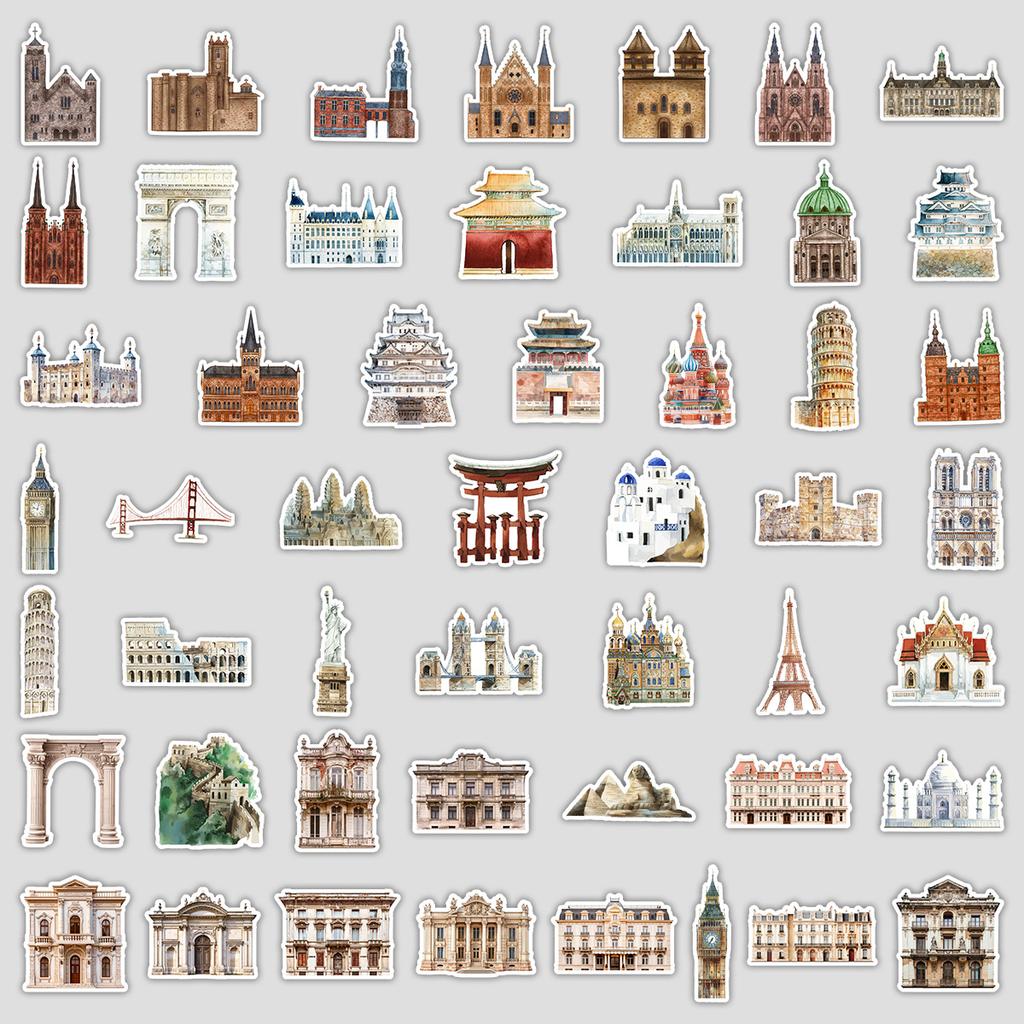50 Sheets of Architectural Series Graffiti Stickers for Mobile Phones and Computers, Waterproof Decorative Stickers, Creative DIY Stationery Stickers