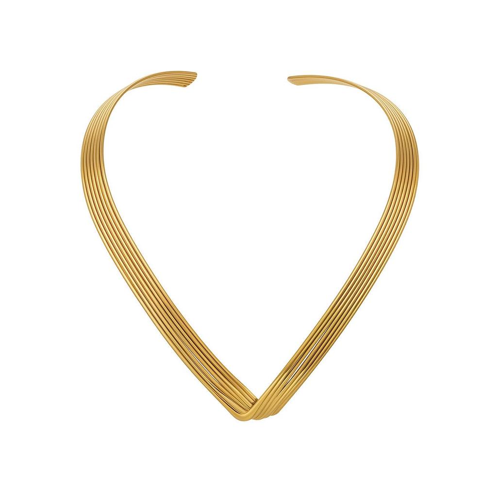 European & American 7-Layer V-Shape Choker Necklace, Punk Style Fashion, 18K Gold-Plated Stainless Steel.