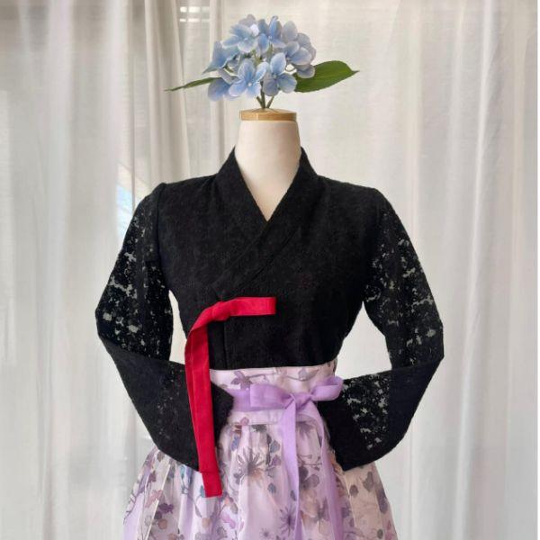 Koreanischer moderner Hanbok Schwarze Spitzen-Jeogori-Jacke