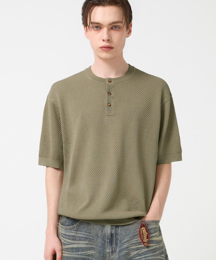 TRILLION Pineapple Henley Neck Short Sleeve Knit_Khaki