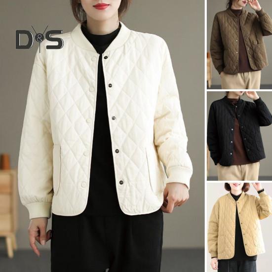 Damenjacke Stehkragen Langarm Rautenstruktur Einreihig Elastische Bündchen Einfarbig Taschen Sport Lady Coat