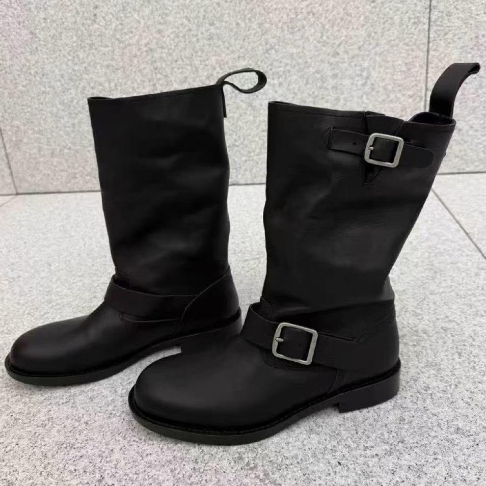 Versatile Round Head Belt Buckle Sleeve Martin Boots Autumn and Winter Leather Soft Leather Comfortable Knight Boots Women