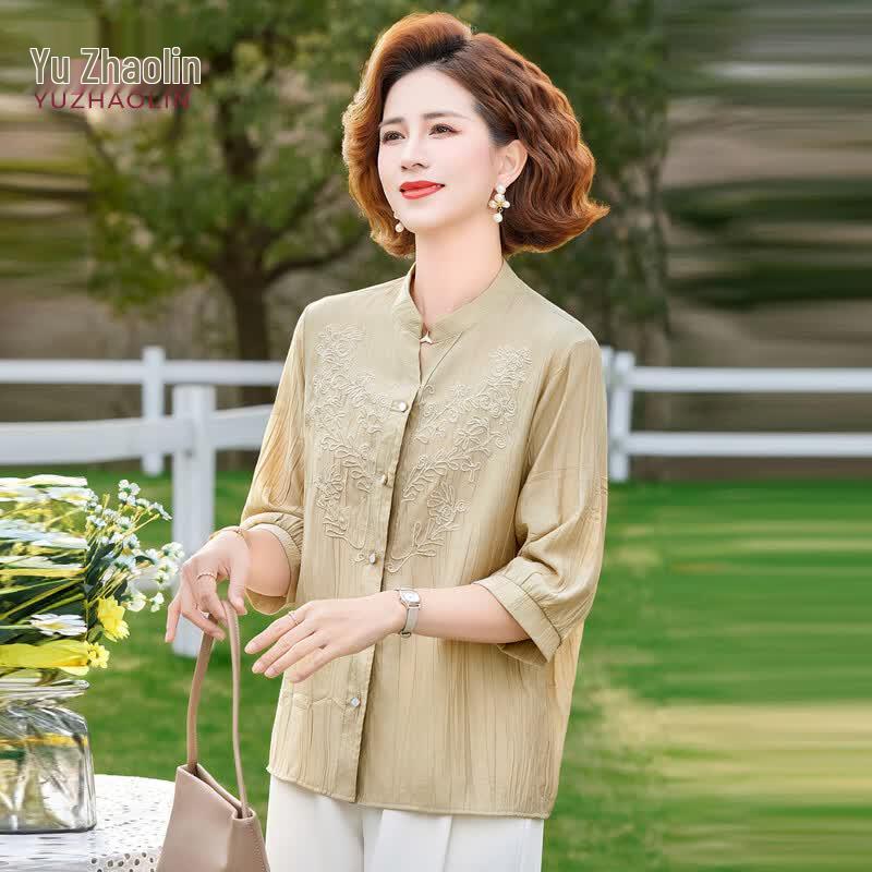YUZHAOLIN Women s New Chinese Style Embroidered Mid-Sleeve Shirt 5XL