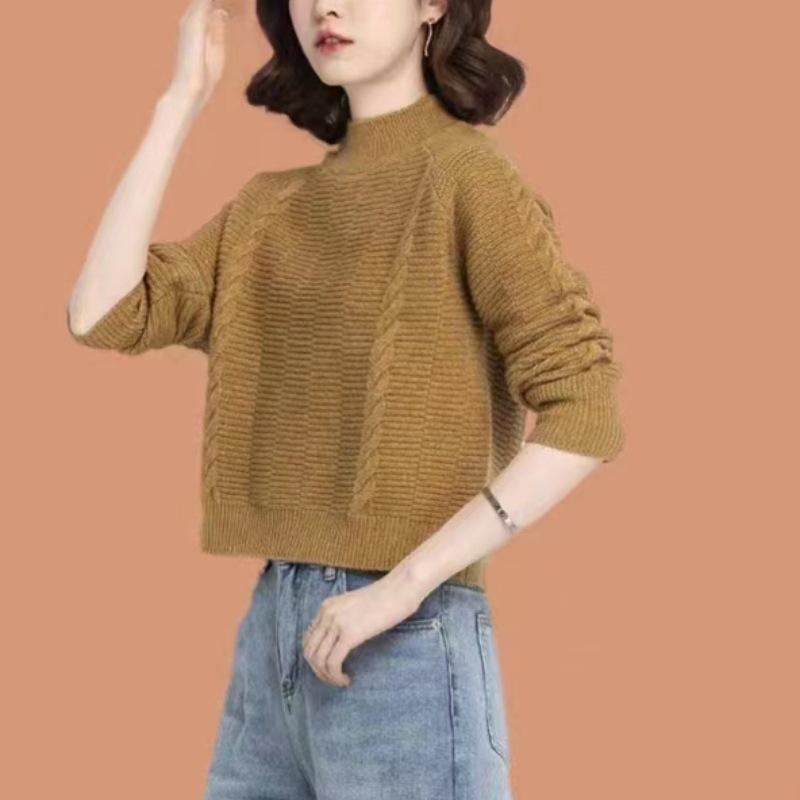 

Осенне-зимний женский пуловер, однотонный вязаный топ с косами, женский свитер с полувысоким воротником 3XL верблюд