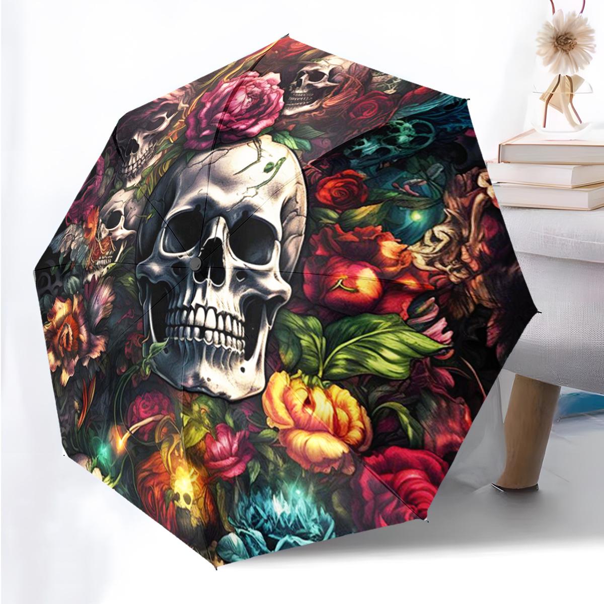 

1pc Gothic Victorian Skull & Floral Umbrella - Automatic Open/Close, 8-Rib Windproof Design, Compact Folding Umbrella with Orn (as the picture,Iron&8K)