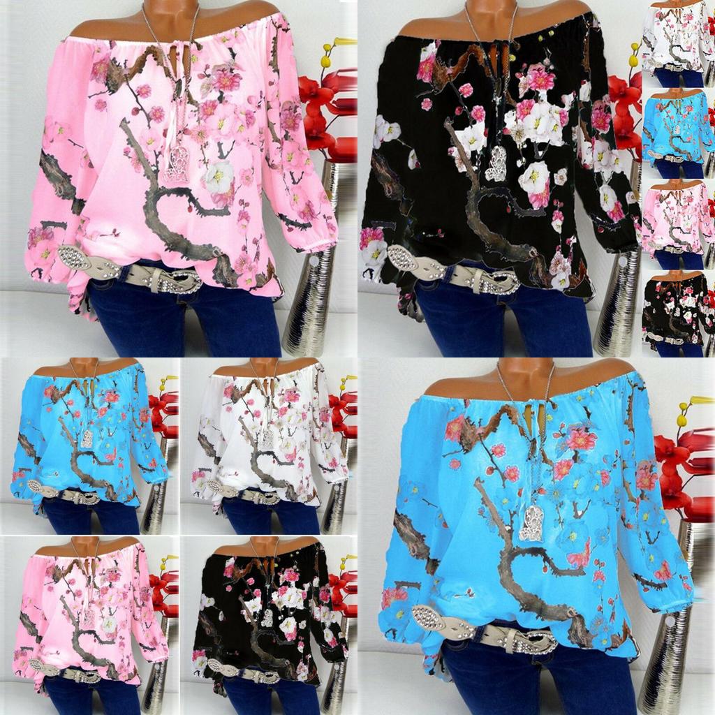 Women Shoulder Off Floral Tops Ladies Summer Loose T Shirt Blouse Plus Size