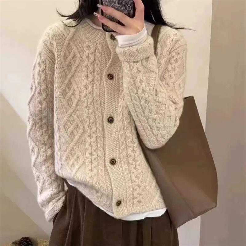 Women's European Style Heavy Knit Lamb Wool Cardigan - Thick Coarse Yarn Cashmere Sweater Coat for Autumn and Winter 2025