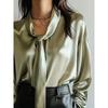 Spring New Style Fashionable and Elegant Solid Color Lace-up Satin High-end Long-sleeved Shirt for Women
