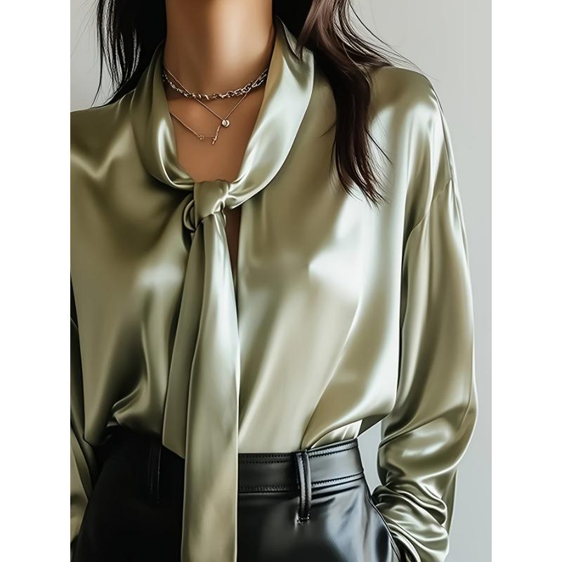 Spring New Style Fashionable and Elegant Solid Color Lace-up Satin High-end Long-sleeved Shirt for Women