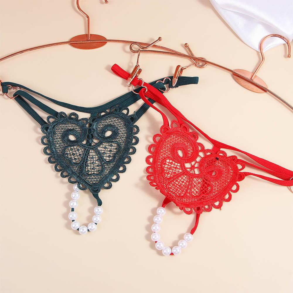 Transparent Sexy Low-Rise Embroidery Love Heart Underwear Thongs Lingerie Pearl Massage Panties