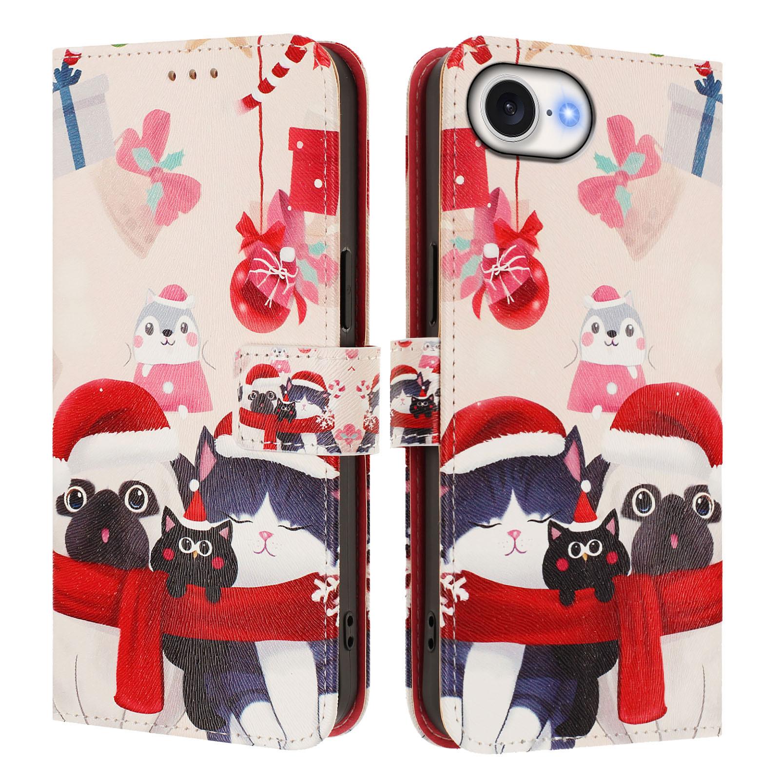 

For iPhone 16e Wallet Case Christmas Pattern Printing Leather Phone Cover with Lanyard Christmas Animals