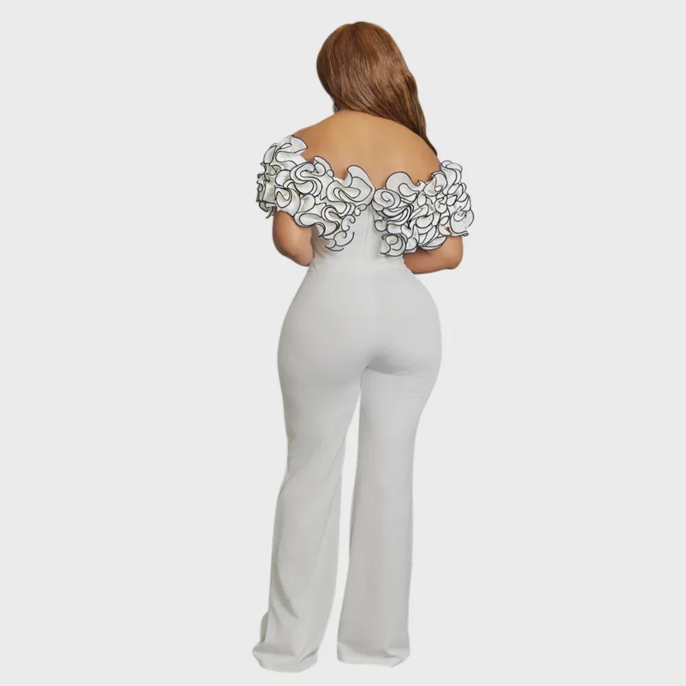 Women's One-Shoulder Lace Jumpsuit with Ruffle Detail