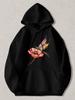 Black Pullover Hoodie with Vibrant Dragonfly And Pink Flower Graphic Print Casual Long Sleeve Sweatshirt with Kangaroo Pocket for