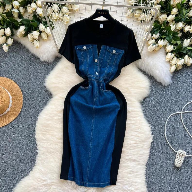 New Trendy Casual Dress Women's Contrast Vintage Denim Panel Short Sleeve Slim Fit Pencil Dress