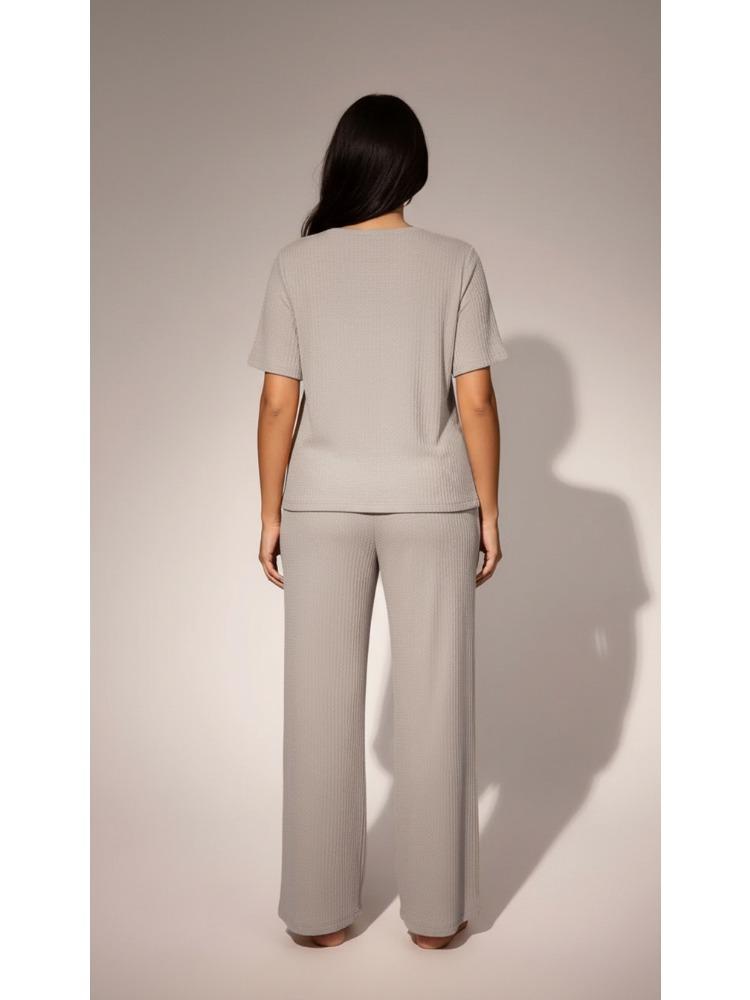 Women 2 Piece Casual Set Short Sleeve Long Pants Textured Waffle Set For Women