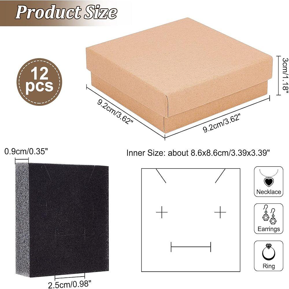 12pcs Kraft Paper Jewelry Boxes with Black Sponge Inside Square BurlyWood 3-5/8x3-5/8x1-1/8 Inch(9.2x9.2x3cm)