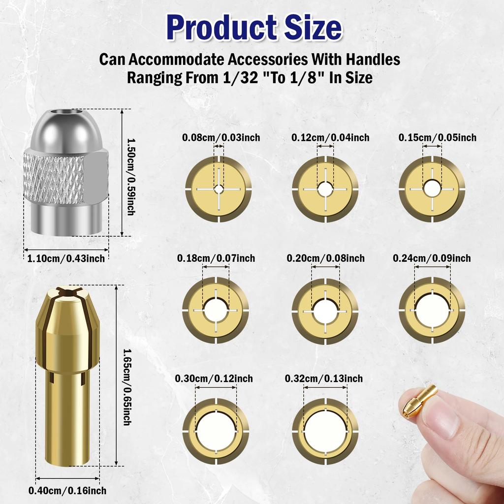 11Pcs Drill Brass Chuck Collet Electric Grinder Collet Set Keyless Chuck 1/32" to 1/8"Replacement Chuck For Drill Rotary Tool