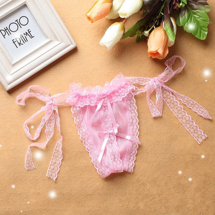 Sexy Open Cut Thong Lace T Pants Women's Underwear Solid Transparent Low Waisted Large Size Sexy Lace Up Panties