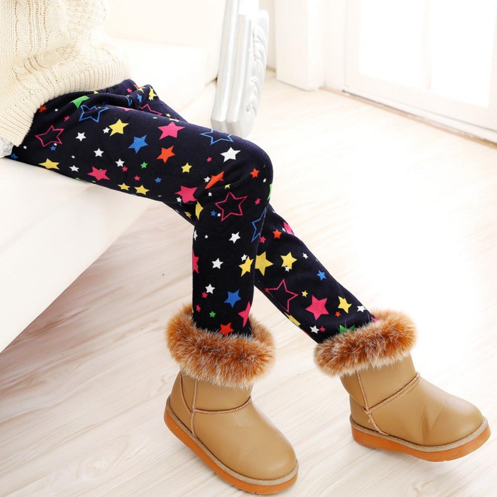 Girls' Fleece-Lined Leggings: Autumn/Winter Children's Printed Slim-Fit Thermal Pants - Outerwear Long Pants